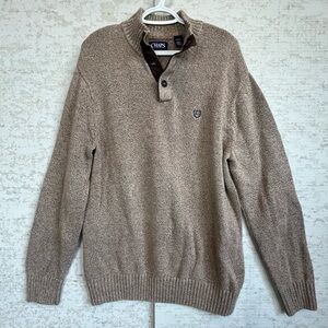 Chaps Mens Tan Brown Sweater Sz XL Tall Elbow Patches Button Neck Ribbed Collar